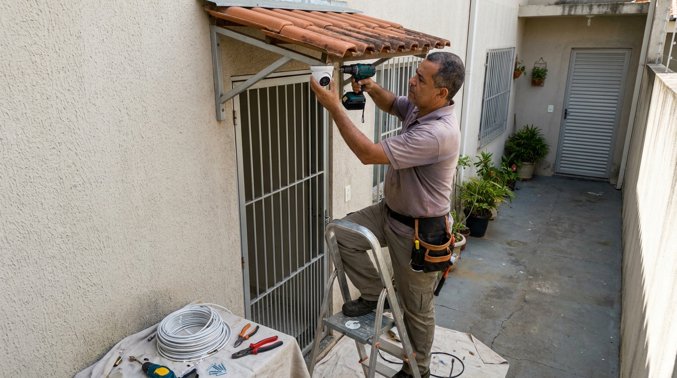 Eletricista instalando cameras de seguranca em Bauru‑SP