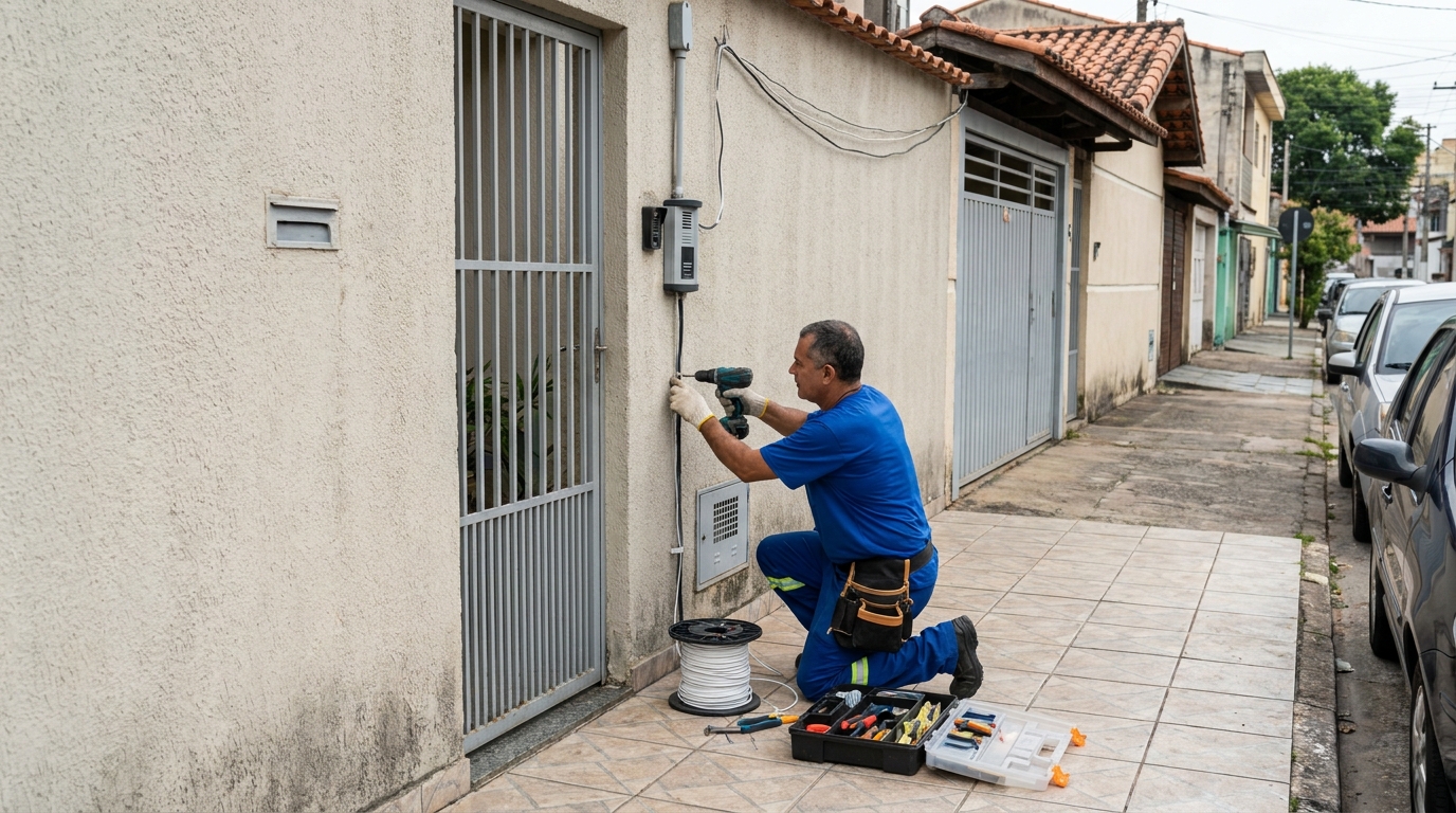 Eletricista instalando interfone em Bauru‑SP